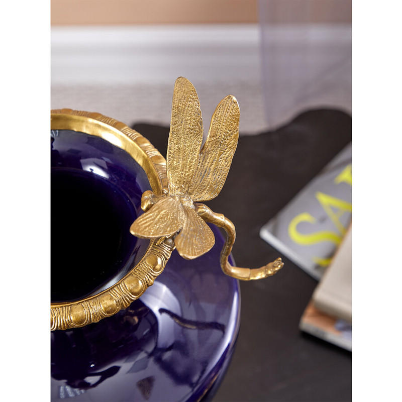 Ваза темно-синего цвета из фарфора с бронзовыми стрекозами Eden Garden porcelain and bronze