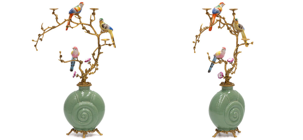 Ваза фарфоровая зеленая с фигурками птиц Porcelain bird