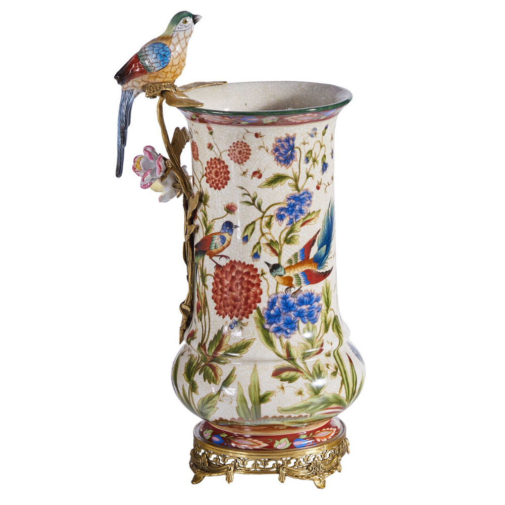 Ваза фарфоровая с птицей на бронзовой ветке и цветочной росписью Garden of Eden