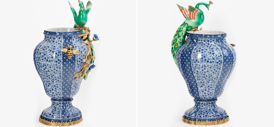 Ваза фарфоровая синяя с фигуркой павлина Peacock