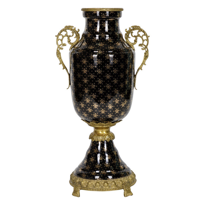 Ваза черного цвета из фарфора с золотистым узором и бронзовыми элементами Eden Garden porcelain and bronze