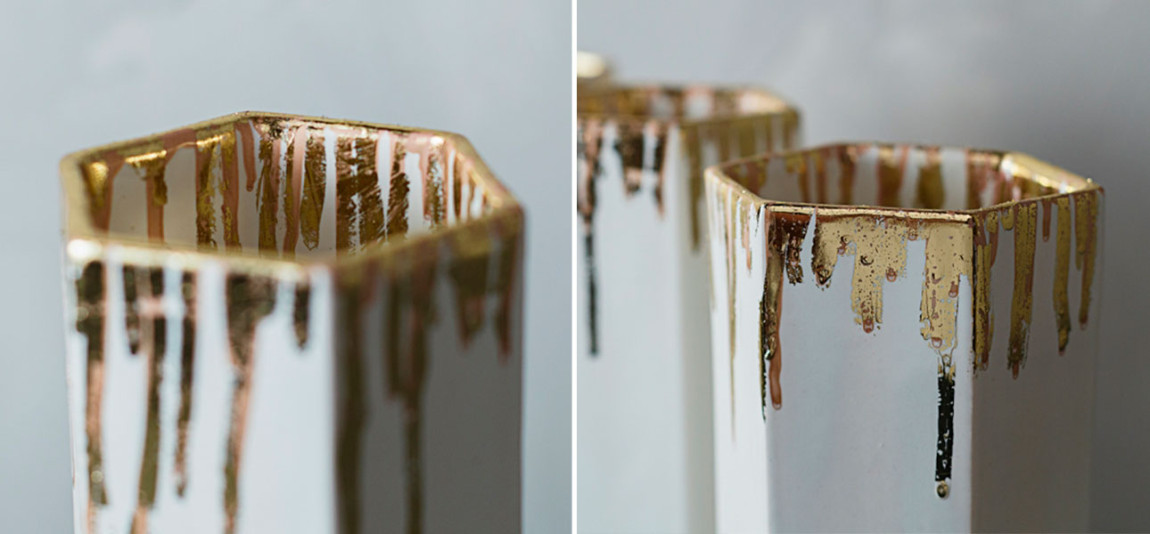 Ваза Шестигранник с золотыми подтеками белая