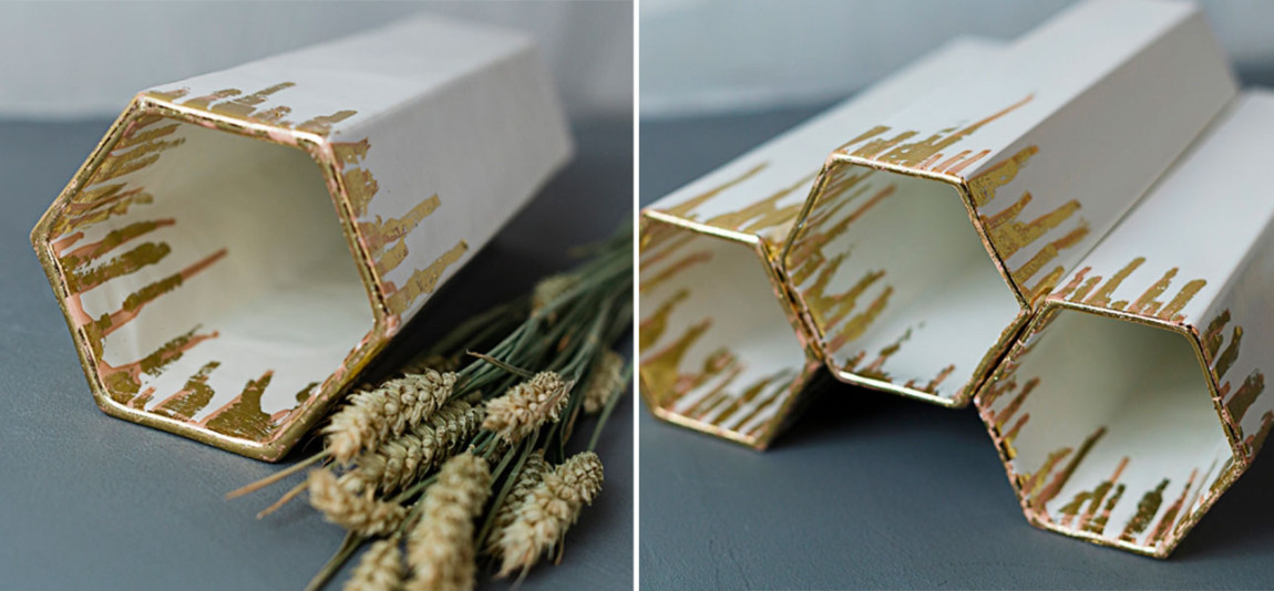 Ваза Шестигранник с золотыми подтеками белая