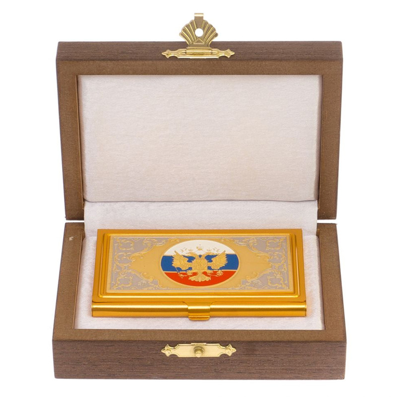 Визитница карманная металлическая с гравюрой Герба России в подарочной коробке Gold Metal Business Card Holders