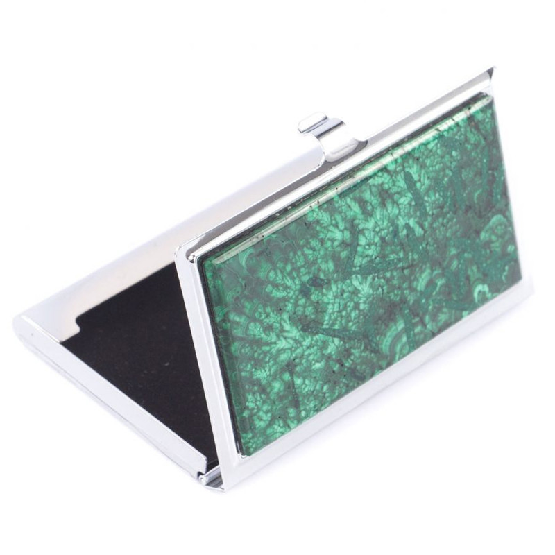 Визитница карманная металлическая с накладкой из натурального камня Малахит Stone Business Card Holders