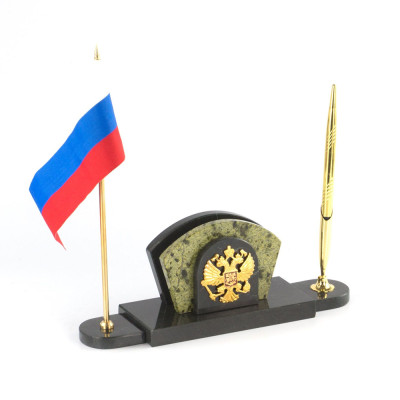 Визитница настольная с гербом и флагом России из природного камня змеевик Successful Leader