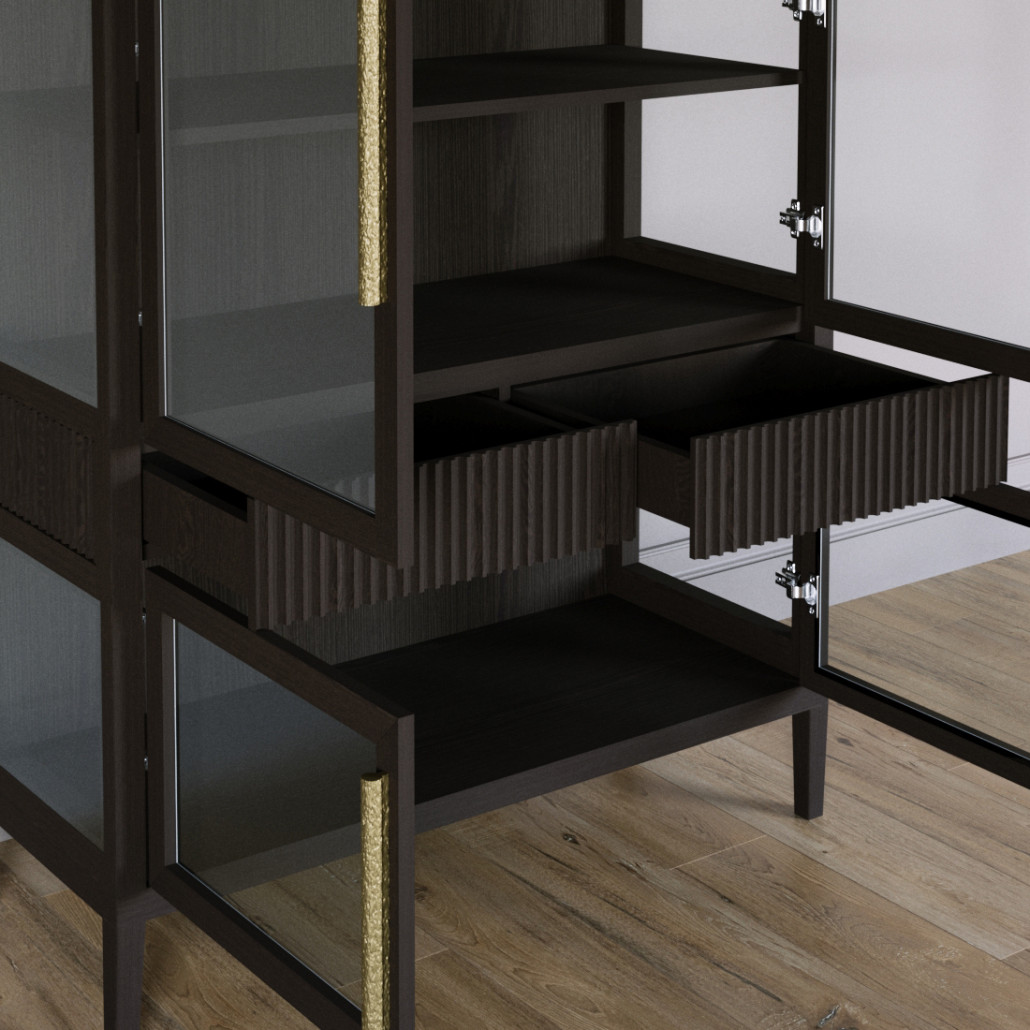 Витрина Primo со стеклянными фасадами и 2 ящиками Темный орех