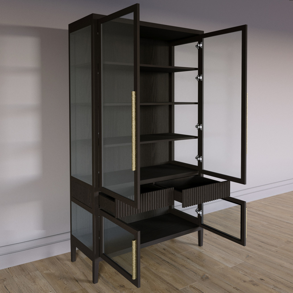 Витрина Primo со стеклянными фасадами и 2 ящиками Темный орех