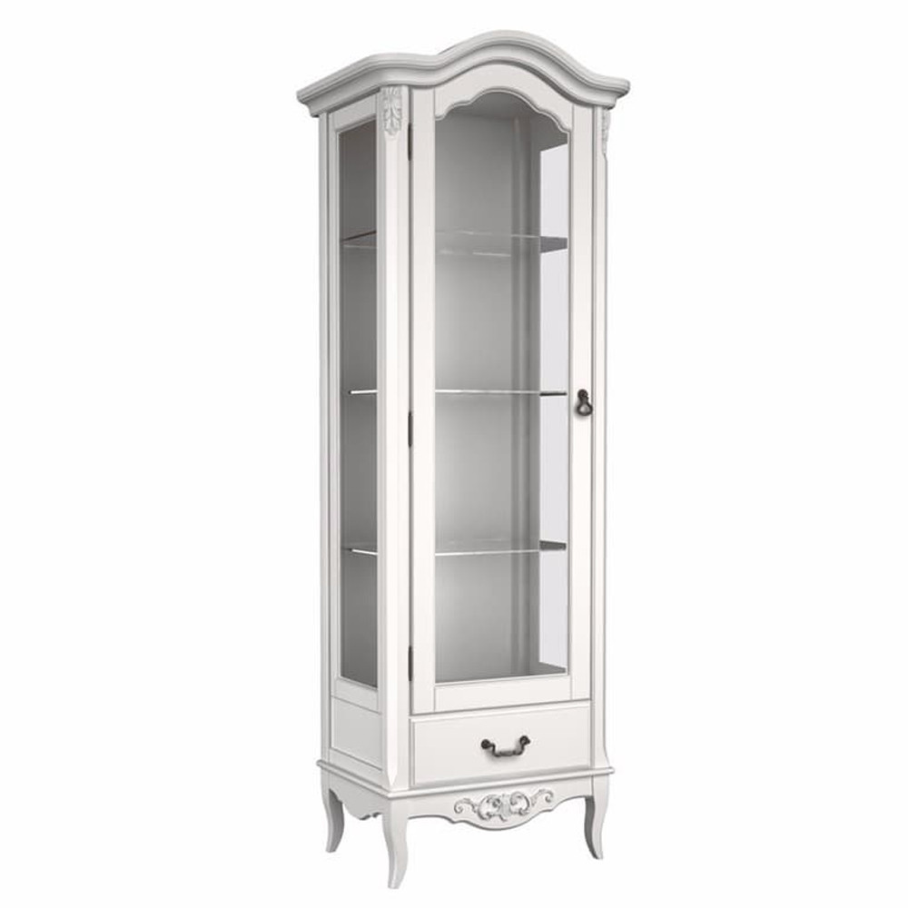 Витрина белая однодверная из массива бука с 4-мя полками и ящиком White Provence