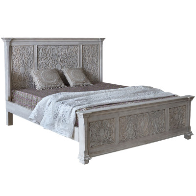 Двуспальная кровать из массива манго с резьбой Vega Grey Mango Bed