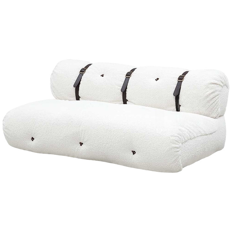 Двухместный диван без подлокотников белый с обивкой букле и ремешками из кожи Blaise Boucle Sofa