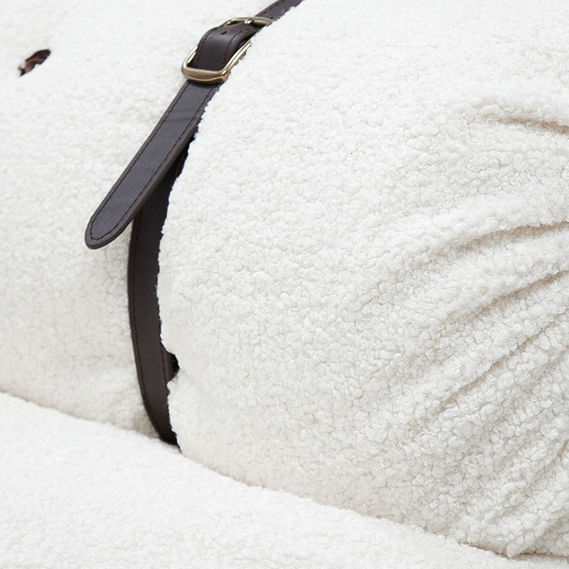 Двухместный диван без подлокотников белый с обивкой букле и ремешками из кожи Blaise Boucle Sofa