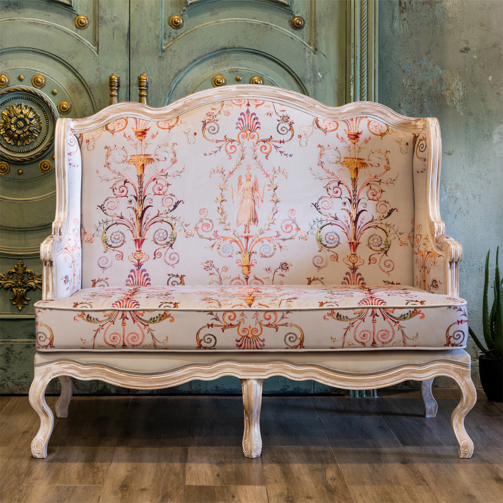 Двухместный диван из массива бука серый с растительным орнаментом Raffael Blue Grey Sofa