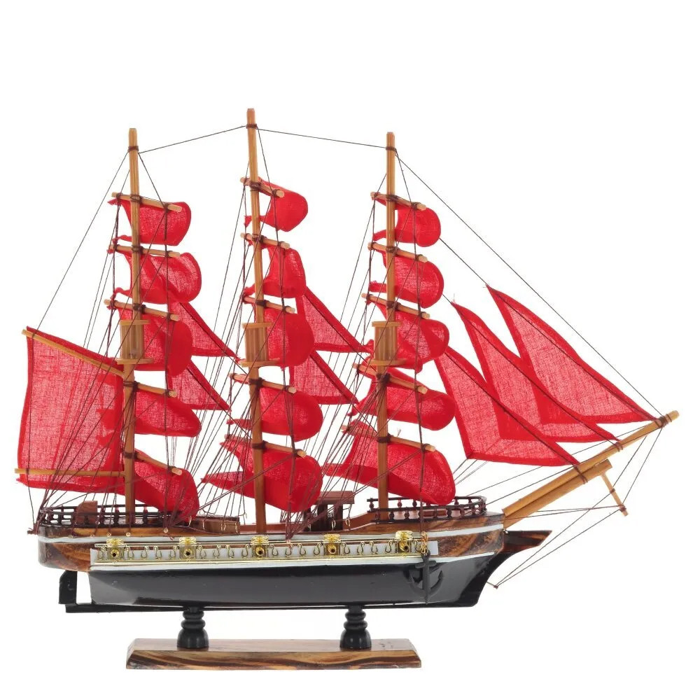 Декоративная модель деревянного парусника с красными парусами в подарочной упаковке With The low