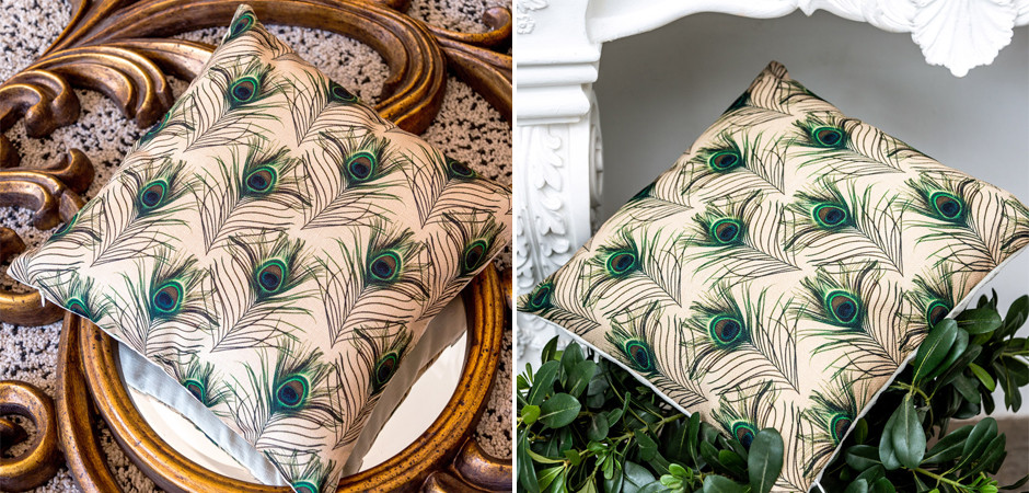 Декоративная подушка c принтом перо павлина Magic Feathers Бежевая