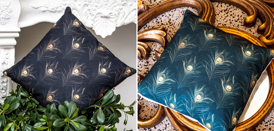 Декоративная подушка c принтом перо павлина Magic Feathers Изумрудная