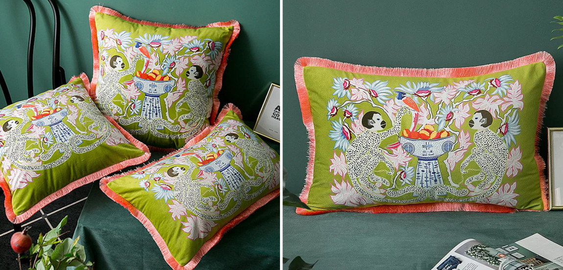 Декоративная подушка Two Monkeys on Green Long Cushion