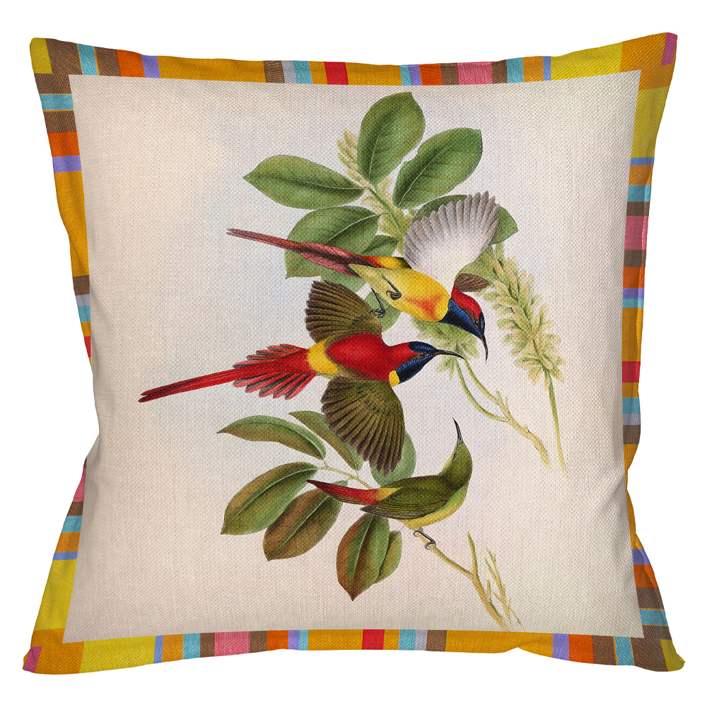 Декоративная подушка бежевая в разноцветную полоску с изображением птиц и цветов Blooming Birds Colorful Cushion