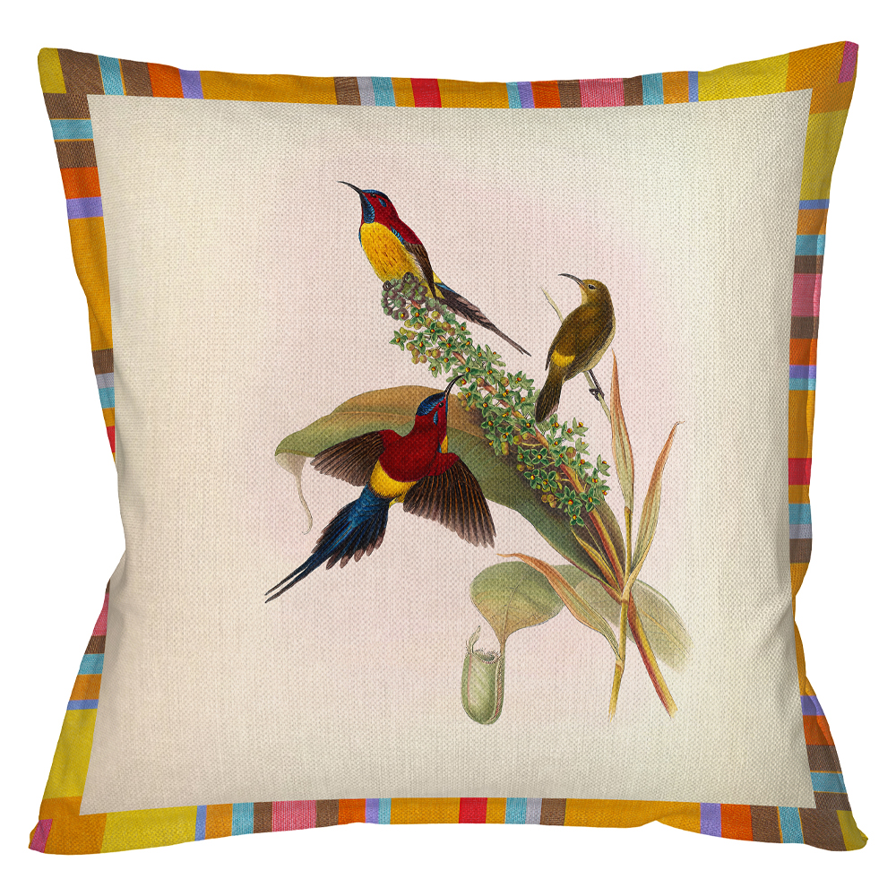 Декоративная подушка бежевая в разноцветную полоску с изображением птиц и цветов Blooming Birds Colorful Cushion