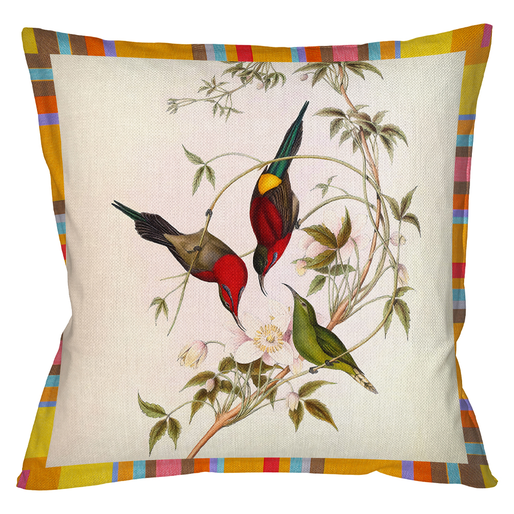 Декоративная подушка бежевая в разноцветную полоску с изображением птиц и цветов Blooming Birds Colorful Cushion