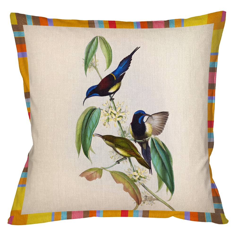 Декоративная подушка бежевая в разноцветную полоску с изображением птиц и цветов Blooming Birds Colorful Cushion