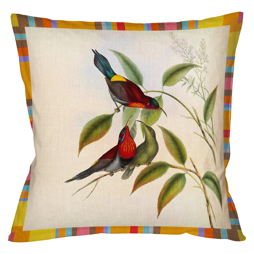 Декоративная подушка бежевая в разноцветную полоску с изображением птиц и цветов Blooming Birds Colorful Cushion