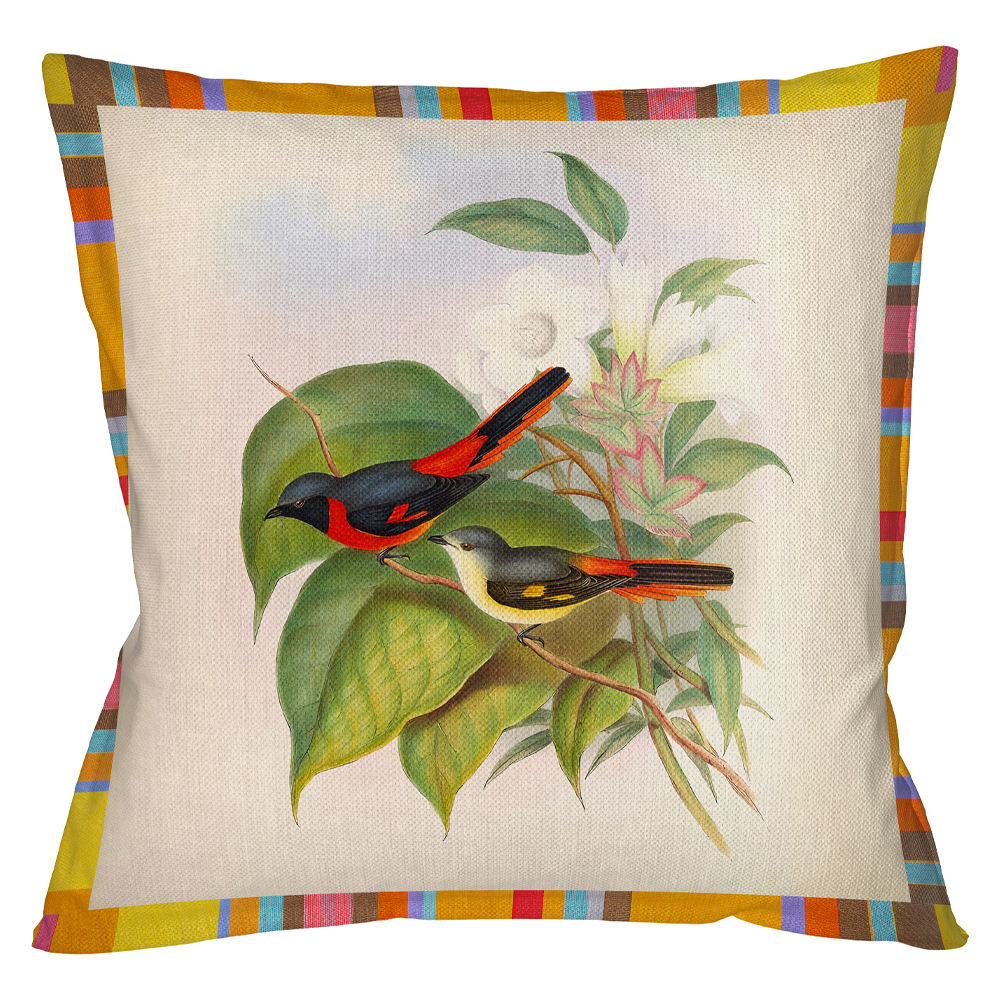 Декоративная подушка бежевая в разноцветную полоску с изображением птиц и цветов Blooming Birds Colorful Cushion