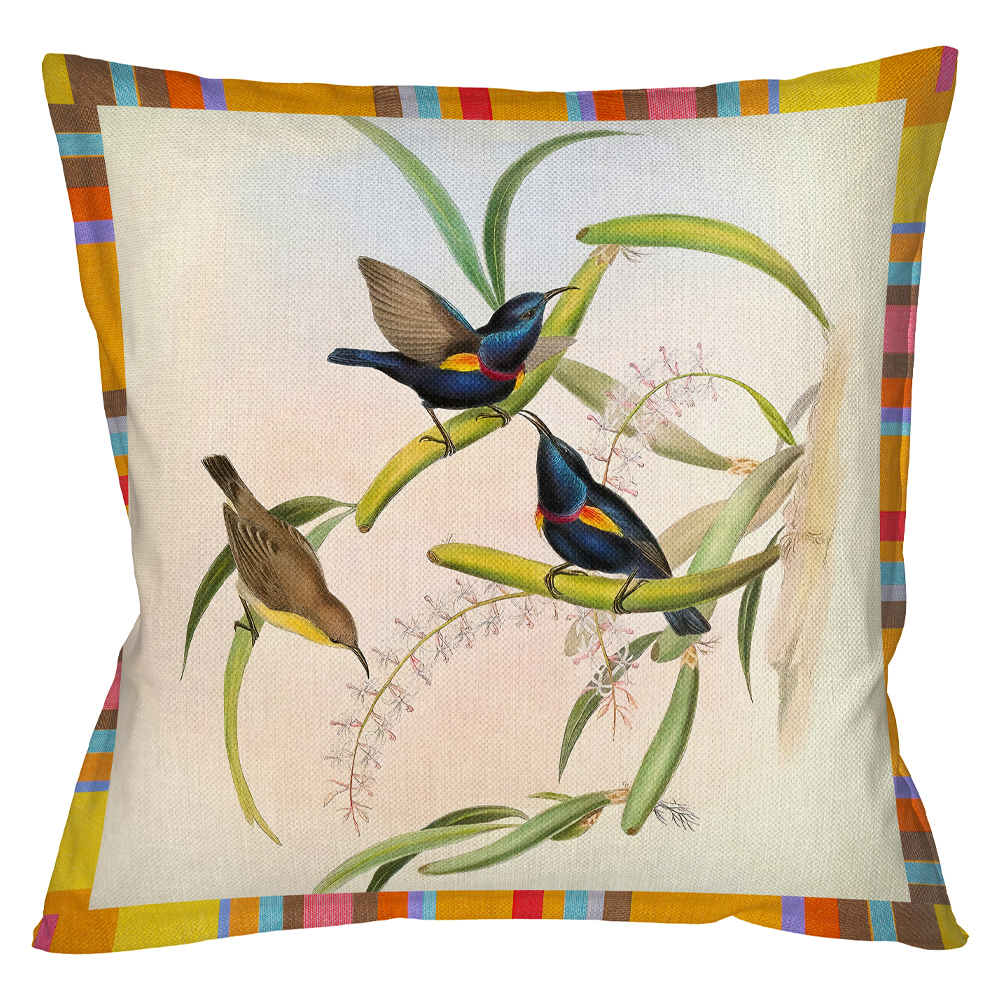 Декоративная подушка бежевая в разноцветную полоску с изображением птиц и цветов Blooming Birds Colorful Cushion
