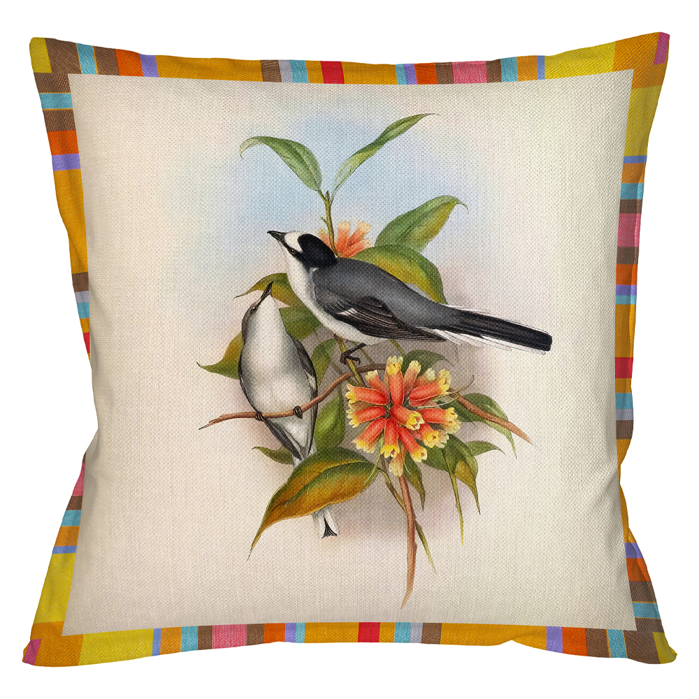 Декоративная подушка бежевая в разноцветную полоску с изображением птиц и цветов Blooming Birds Colorful Cushion
