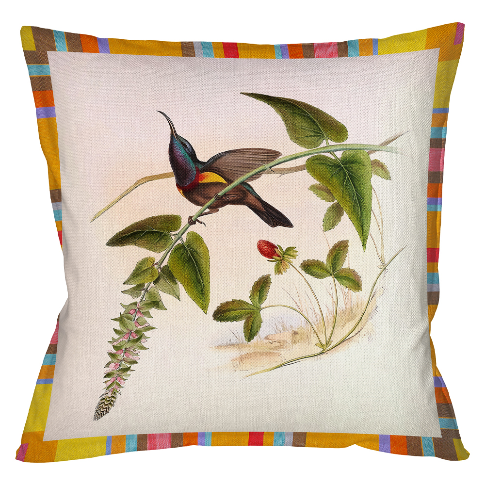 Декоративная подушка бежевая в разноцветную полоску с изображением птиц и цветов Blooming Birds Colorful Cushion