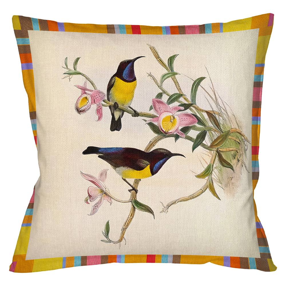 Декоративная подушка бежевая в разноцветную полоску с изображением птиц и цветов Blooming Birds Colorful Cushion