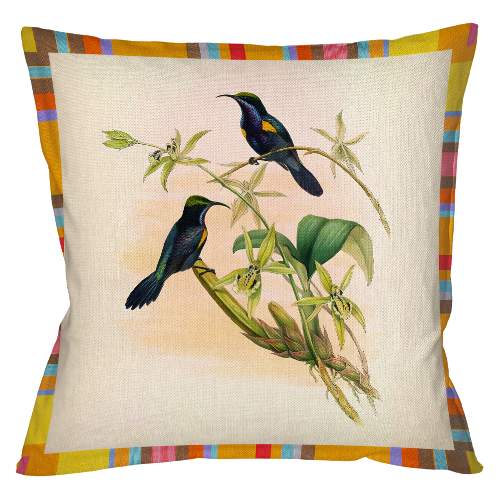 Декоративная подушка бежевая в разноцветную полоску с изображением птиц и цветов Blooming Birds Colorful Cushion