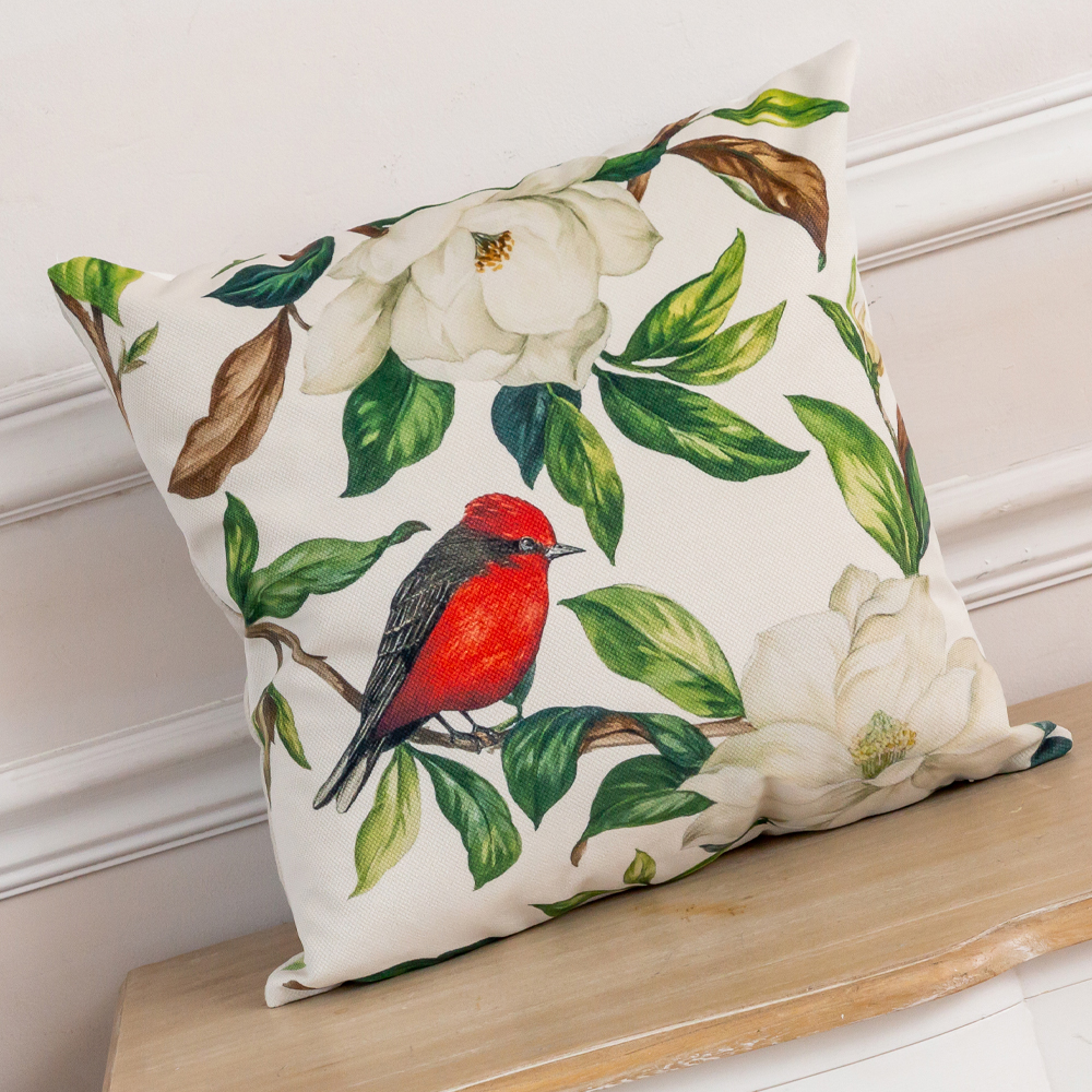 Декоративная подушка бежевая с изображением птиц и цветов Blooming Birds