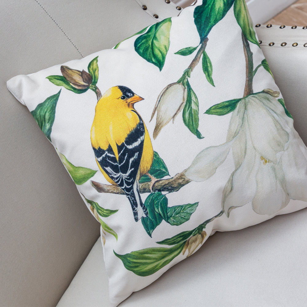Декоративная подушка бежевая с изображением птиц и цветов Blooming Yellow Birds