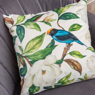 Декоративная подушка бежевая с изображением птицы в саду Blooming Colored Birds