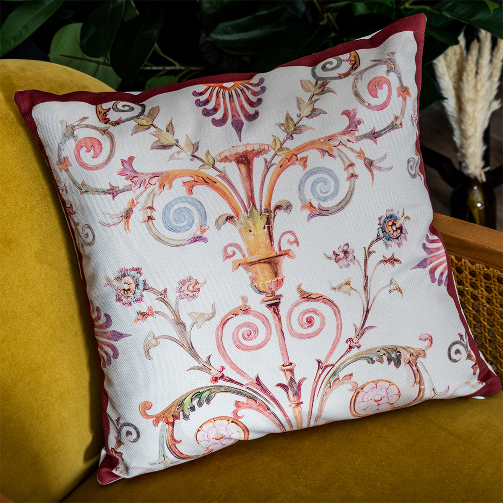 Декоративная подушка бежевая с растительным орнаментом Raffael Floral Beige Red Cushion