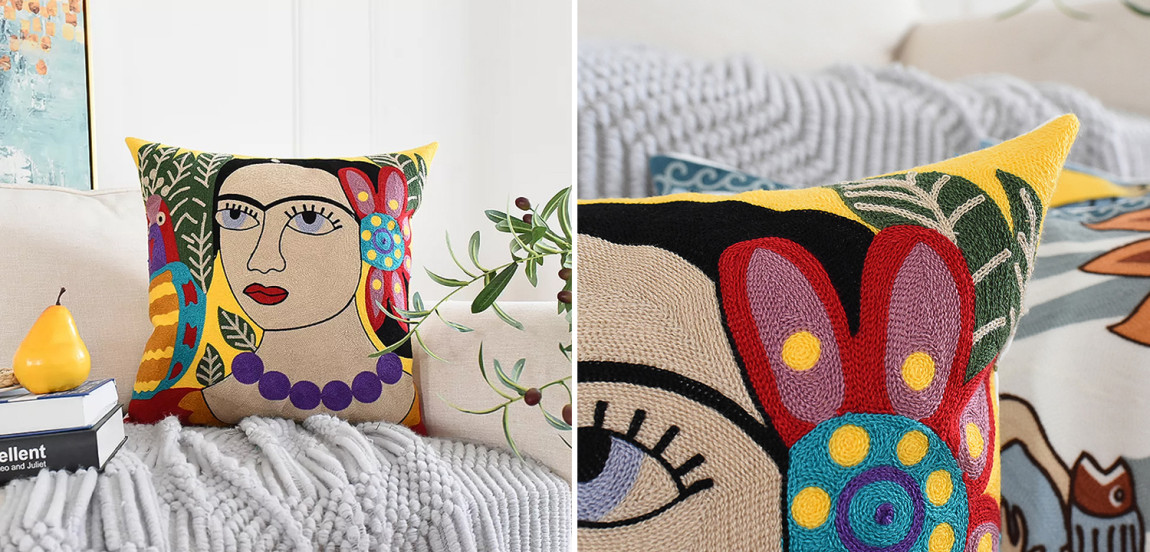 Декоративная подушка с вязаным изображением Frida Kahlo