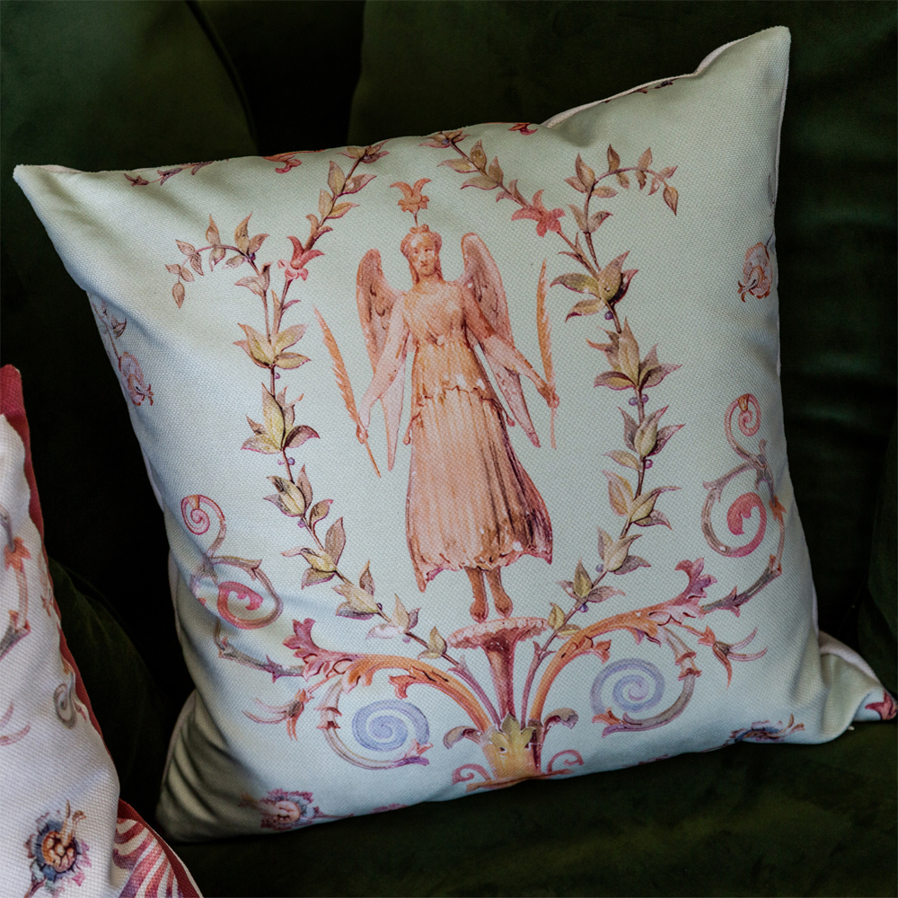 Декоративная подушка светло-зеленая с растительным орнаментом Raffael Angel Green Cushion