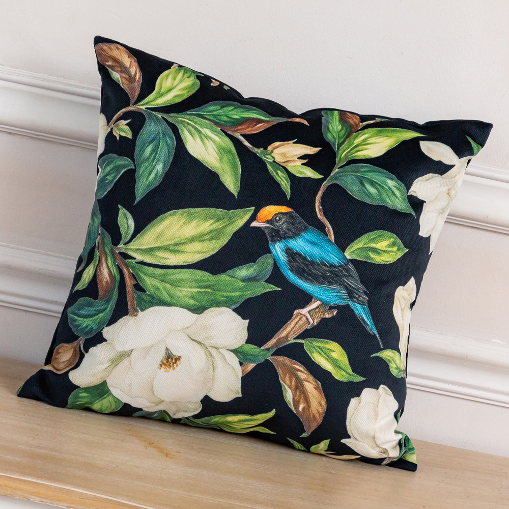 Декоративная подушка чёрная с изображением птиц и цветов  Blooming Blue Birds