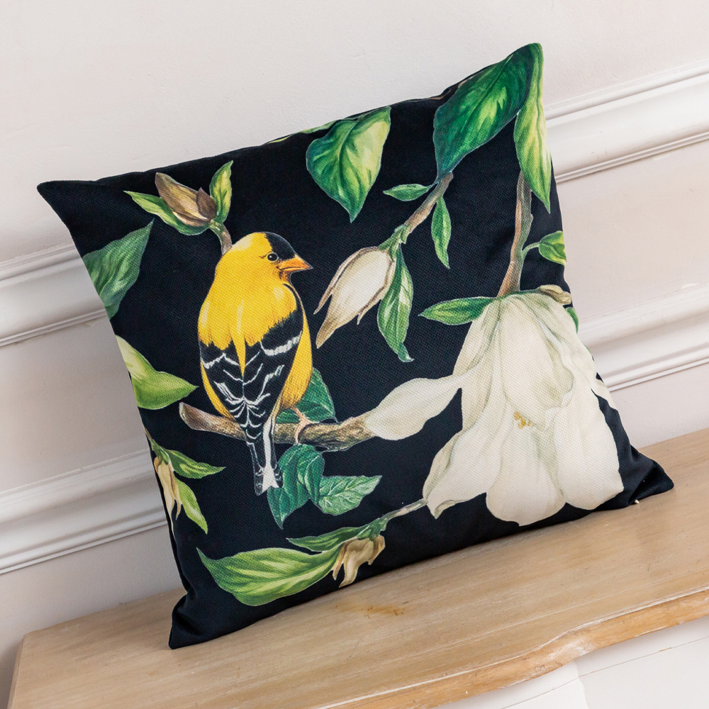 Декоративная подушка чёрная с изображением птиц и цветов Blooming Birds