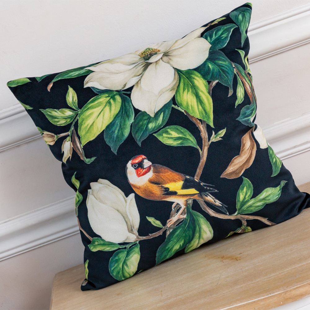 Декоративная подушка чёрная с изображением птиц и цветов Blooming Birds 2