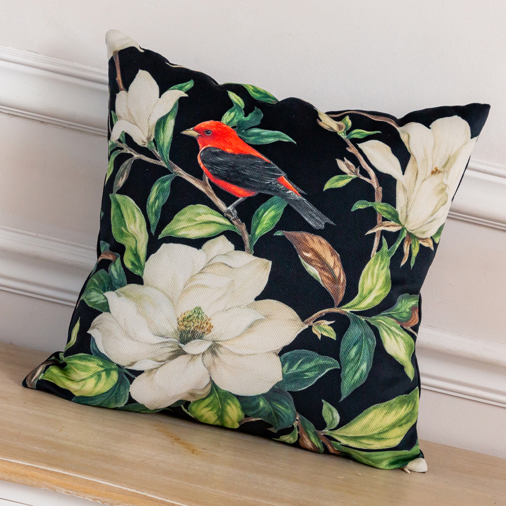Декоративная подушка чёрная с изображением птицы в саду Blooming Red Birds