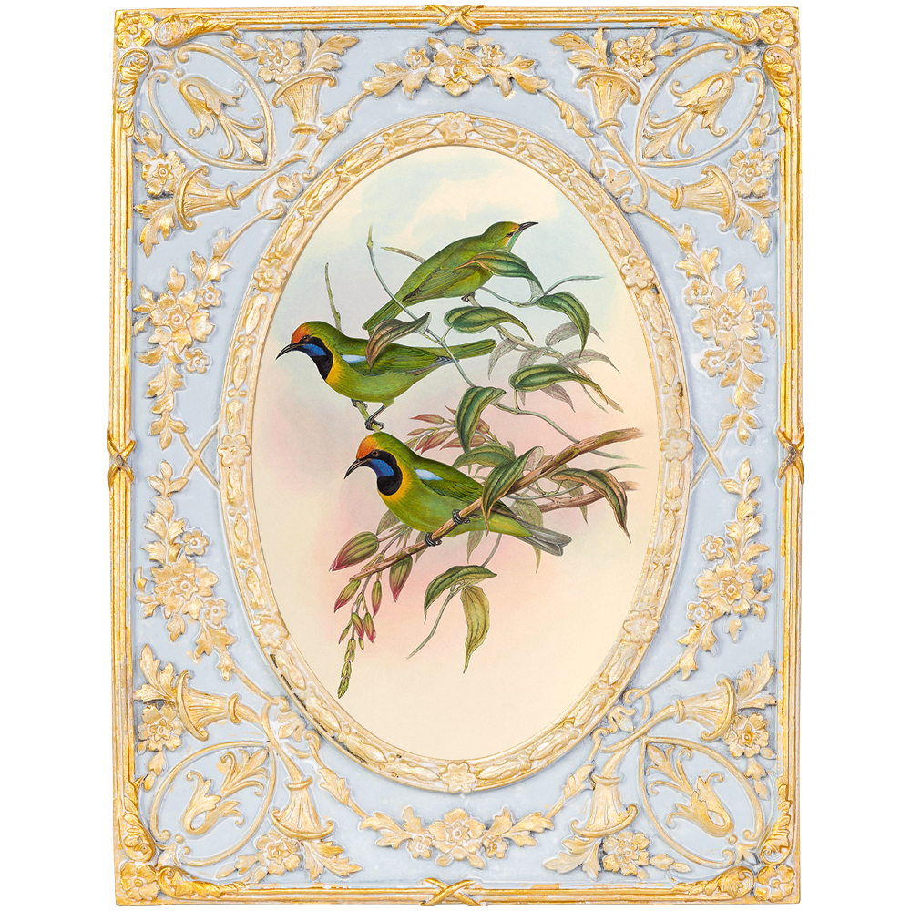 Декоративный постер с изображением птиц в раме с рельефным растительным узором Blooming Birds Poster