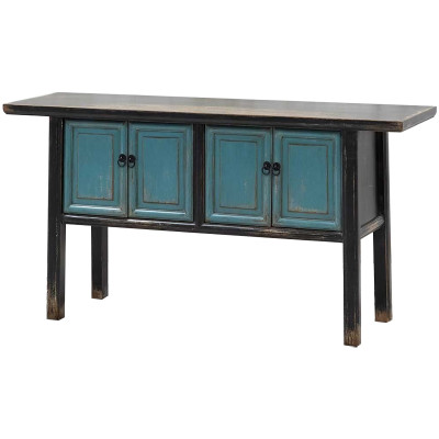 Деревянная консоль в китайском стиле с дверцами голубая Qin Console Table Blue