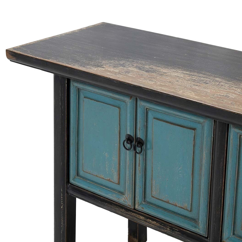Деревянная консоль в китайском стиле с дверцами голубая Qin Console Table Blue