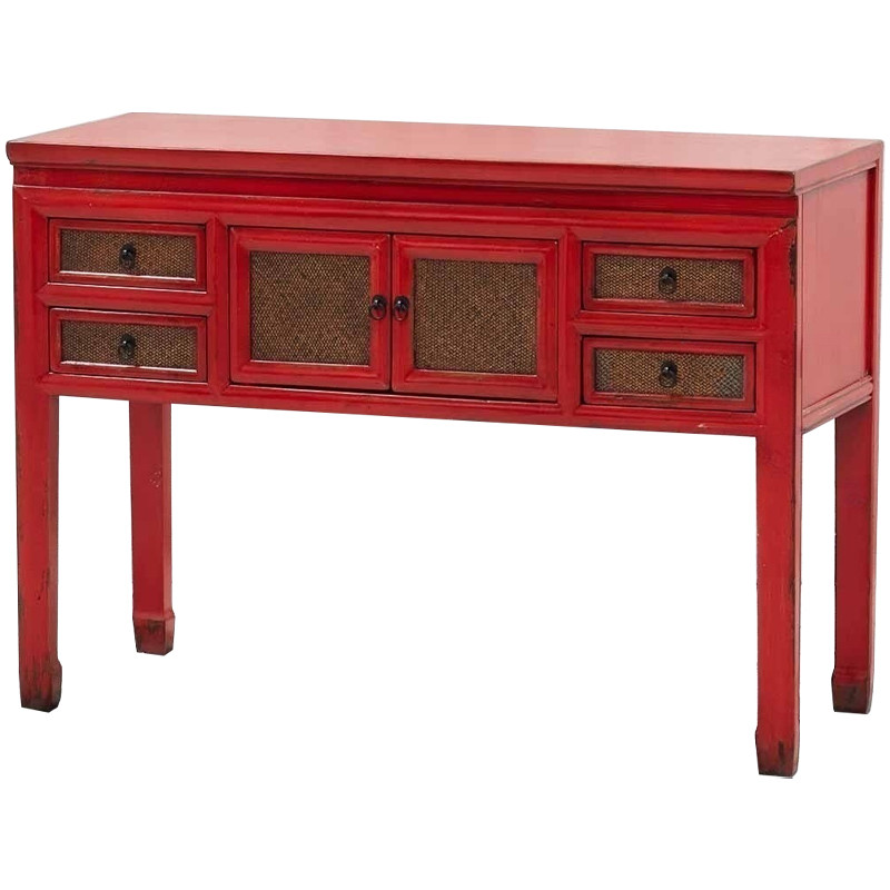 Деревянная консоль в китайском стиле с ящиками и дверцами красная Chinese Console Table