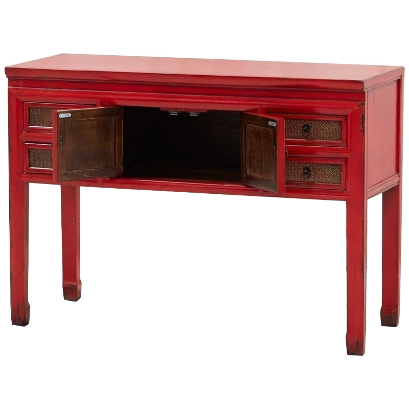Деревянная консоль в китайском стиле с ящиками и дверцами красная Chinese Console Table