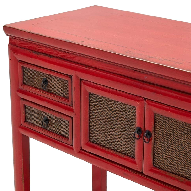 Деревянная консоль в китайском стиле с ящиками и дверцами красная Chinese Console Table