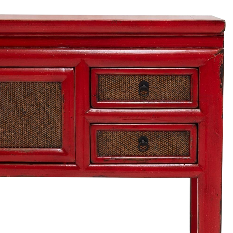 Деревянная консоль в китайском стиле с ящиками и дверцами красная Chinese Console Table