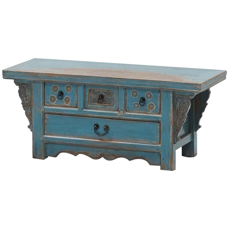 Деревянная ТВ-тумба в китайском стиле с 4-мя ящиками и резным декором голубая Luo Chinese TV Stand Blue